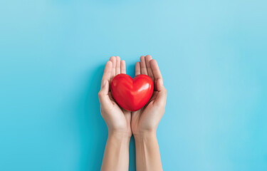 Woman holding heart on blue background, top view with space for text. Donation concept. World Humanitarian Day, Generative AI