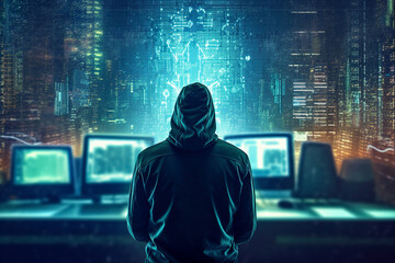 A hoodie-wearing computer hacker sits in front of computer monitors overlooking a futuristic city. Cyber security and system hacking concept. Generative Ai.