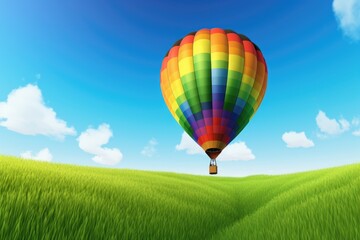 Fototapeta premium vibrant hot air balloon soaring above a picturesque green landscape. Generative AI