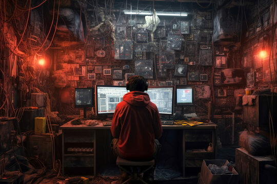 A hoodie-wearing computer hacker sits in front of computer monitors in a post-apocalyptic lab. Cyber security and systems hacking concept. Generative Ai.