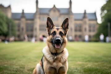 Fototapeta premium Medium shot portrait photography of a bored german shepherd scratching the body against college and university campuses background. With generative AI technology