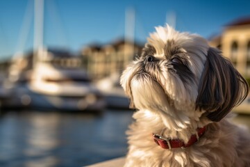 Lifestyle portrait photography of a bored shih tzu scratching nose against marinas and harbors background. With generative AI technology