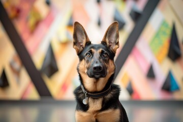 Lifestyle portrait photography of a cute german shepherd being with a pet cat against art installations background. With generative AI technology - Powered by Adobe