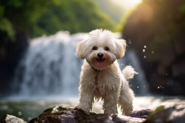 Lifestyle portrait photography of a happy bichon frise sitting against waterfalls background. With generative AI technology