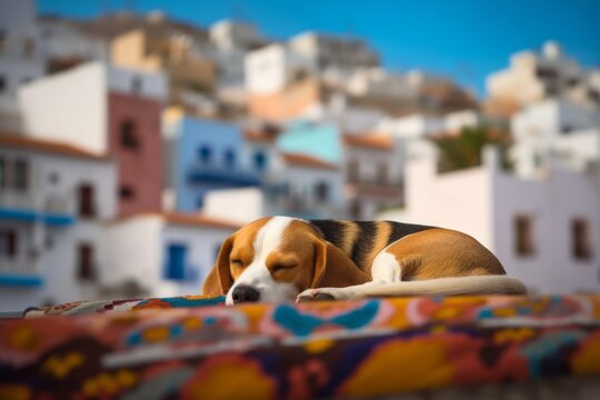 Environmental portrait photography of a smiling beagle sleeping against colorful neighborhoods background. With generative AI technology