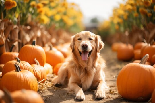 Medium shot portrait photography of a smiling golden retriever rolling against pumpkin patches background. With generative AI technology