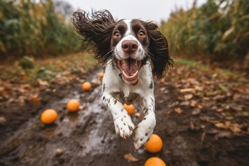 Full-length portrait photography of a funny english springer spaniel playing in the rain against pumpkin patches background. With generative AI technology - Powered by Adobe