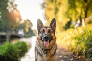 Environmental portrait photography of a happy german shepherd walking against canals and waterways background. With generative AI technology