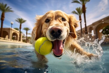 Lifestyle portrait photography of a smiling golden retriever playing with a tennis ball against fountains and water features background. With generative AI technology