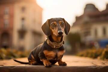 Medium shot portrait photography of a cute dachshund sitting against historic battlefields background. With generative AI technology