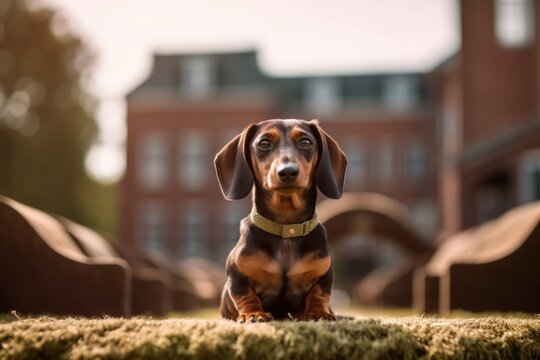 Medium shot portrait photography of a cute dachshund sitting against historic battlefields background. With generative AI technology