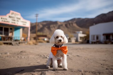 Environmental portrait photography of a curious poodle wearing a halloween costume against ghost towns background. With generative AI technology