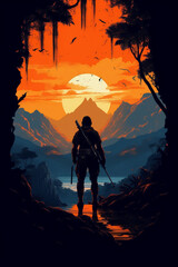 Silhouette of a warrior in front of a mountain. AI generative