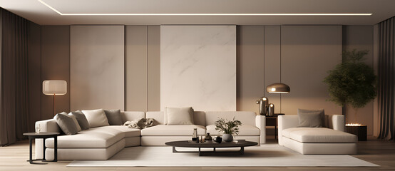 3d rendering of room in the living room, in the style of light black and light beig. Generative AI.