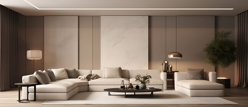 3d rendering of room in the living room, in the style of light black and light beig. Generative AI.