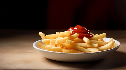 delicious fresh large portion of french fries with ketchup on a plate