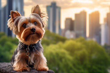 Close-up portrait photography of a curious yorkshire terrier being in front of a city skyline against treehouses background. With generative AI technology