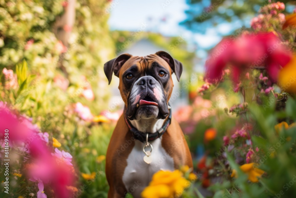 Wall mural lifestyle portrait photography of a curious boxer dog being at a spa against colorful flower gardens