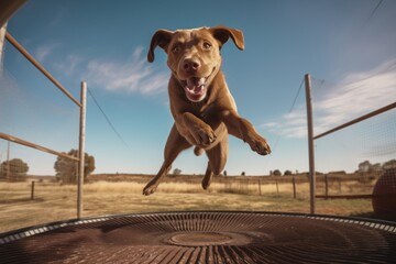 Lifestyle portrait photography of a cute labrador retriever jumping on a trampoline against...