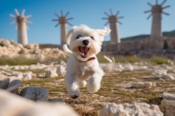 Medium shot portrait photography of a smiling maltese playing tug-of-war against windmills background. With generative AI technology
