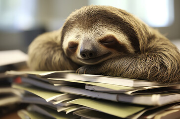 Tired sloth sleeps on lots of files in the office. Generative AI. - obrazy, fototapety, plakaty