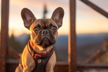 Close-up portrait photography of a funny french bulldog sitting against fire lookout towers background. With generative AI technology