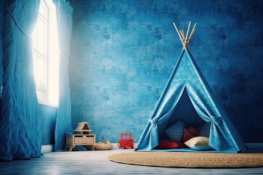 The bedroom has blue wallpaper and morning sunlight, as well as a lovely and comfortable kids indoor sleepover tent. Background, Backdrop, Childhood, Joy, Playroom, Sleepover, Empty, Generative AI