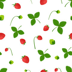 Seamless pattern with strawberries and leaves on white background. Endless texture with green and red strawberries. Colorful summer fruit repeating background for fabric, gift wrap, packaging. vector