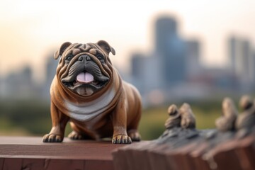 Close-up portrait photography of a funny bulldog being in front of a city skyline against sculpture parks background. With generative AI technology