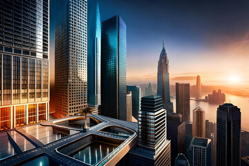  abstract background with a futuristic cityscape, featuring towering skyscrapers, futuristic transportation systems