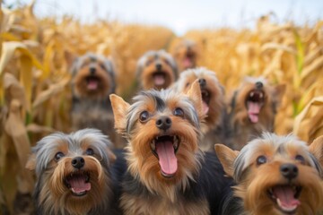 Group portrait photography of a funny yorkshire terrier barking against corn mazes background. With generative AI technology