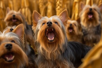Group portrait photography of a funny yorkshire terrier barking against corn mazes background. With generative AI technology