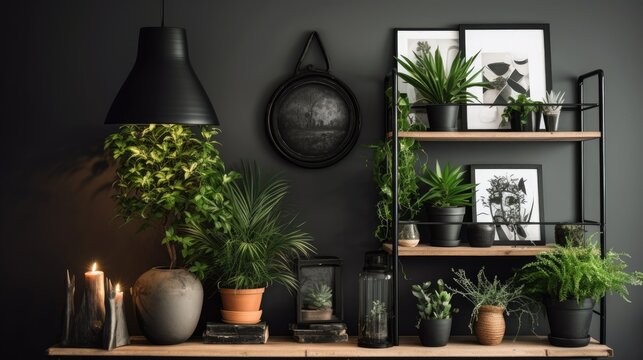 Mockup interior of a black frame with a wooden shelf holding chili plants. Generative AI