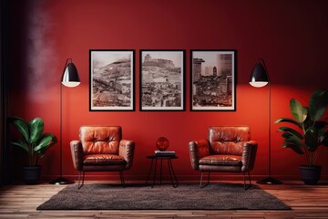 In the interior of the living room, which has a leather armchair, carpet, floor lamp, and coffee table on hardwood flooring, there are three blank vertical posters on a red concrete Generative AI
