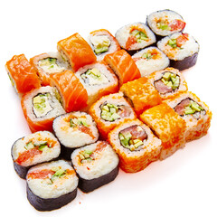 Set of sushi roll with salmon, avocado, cream cheese, cucumber, rice, tuna on white background