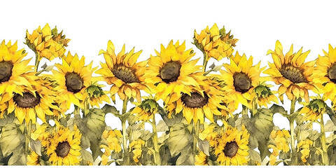 tiled watercolor sunflower  borders with transparent background- repeating edge to edge. generative AI 