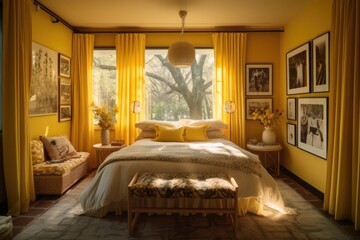 Above the bed on the bedroom's yellow wall are imitation poster frames. Morning light that filters through the curtain. Generative AI