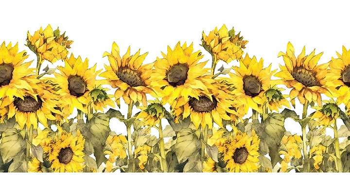 tiled watercolor sunflower  borders with transparent background- repeating edge to edge. generative AI 