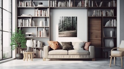 Interior of a living room with a vertically framed poster, a gray sofa, an armchair, and shelves of books. mock-up toned double-exposed image Generative AI