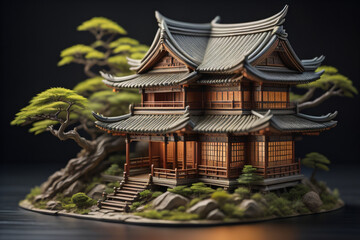 Naklejka premium Miniature Chinese temple, Classic Asian house, Generative Ai