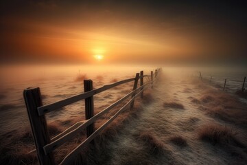 Obraz premium fence in a misty landscape with a dramatic sunset in the background. Generative AI