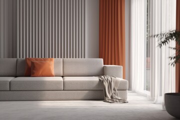 modern living room with a white sofa and vibrant orange accent pillows. Generative AI