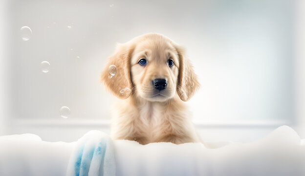 Portrait Golden Retriever puppy in bathtub with foam and soap bubbles.Copy space. Dog spa and grooming service concept. illustration . Generative AI. High quality illustration