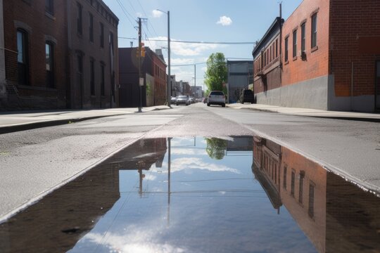 buildings reflection in a puddle of water. Generative AI