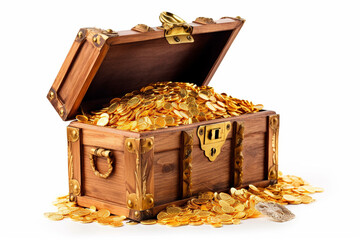 Open treasure chest overflowing with gold coins. Isolated on white
