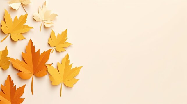 Autumn leaves on pastel background. Seasonal banner with paper cut leaves and copy space Generative AI
