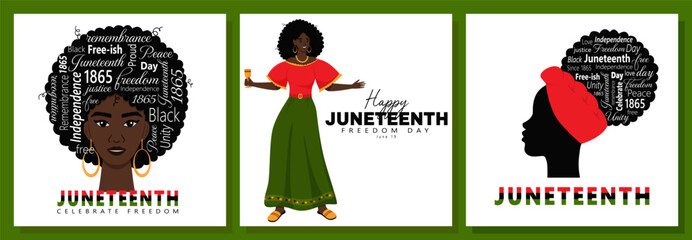 A set of greeting cards for June 19. Celebrate freedom. A Black Woman And Words Symbolizing African American History And Heritage, National Independence Day. Vector illustrations on White background