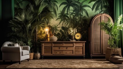 interior of a tropical room decorated with a cabinet and plants, Generative AI