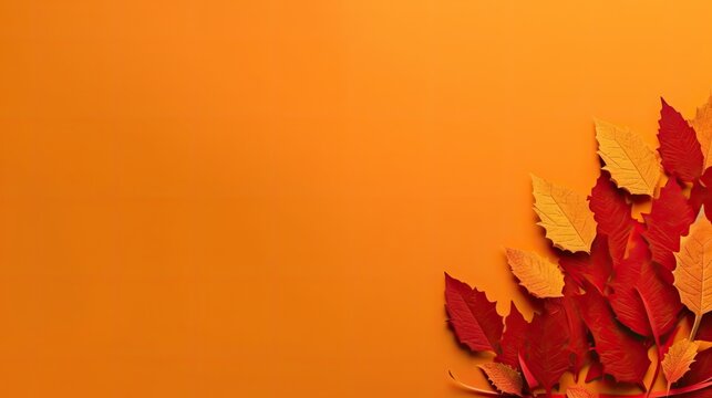 Autumn leaves on orange background. Seasonal banner with paper cut leaves and copy space Generative AI