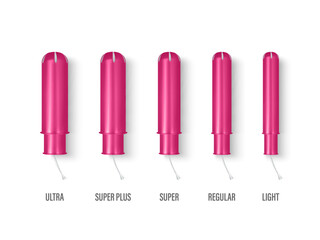 Vector 3d Realistic Pink Menstrual Hygiene Cutton Tampon with Applicator in Plastic Tube Icon Set Isolated in Different Sizes. Feminine Hygiene Design Template. Concept of Womens Health, Hygiene